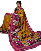 Women's Linen Kalamkari Printed Saree With Unstitched Blouse - 5.5 Mtr (Mustard Yellow-Magenta)