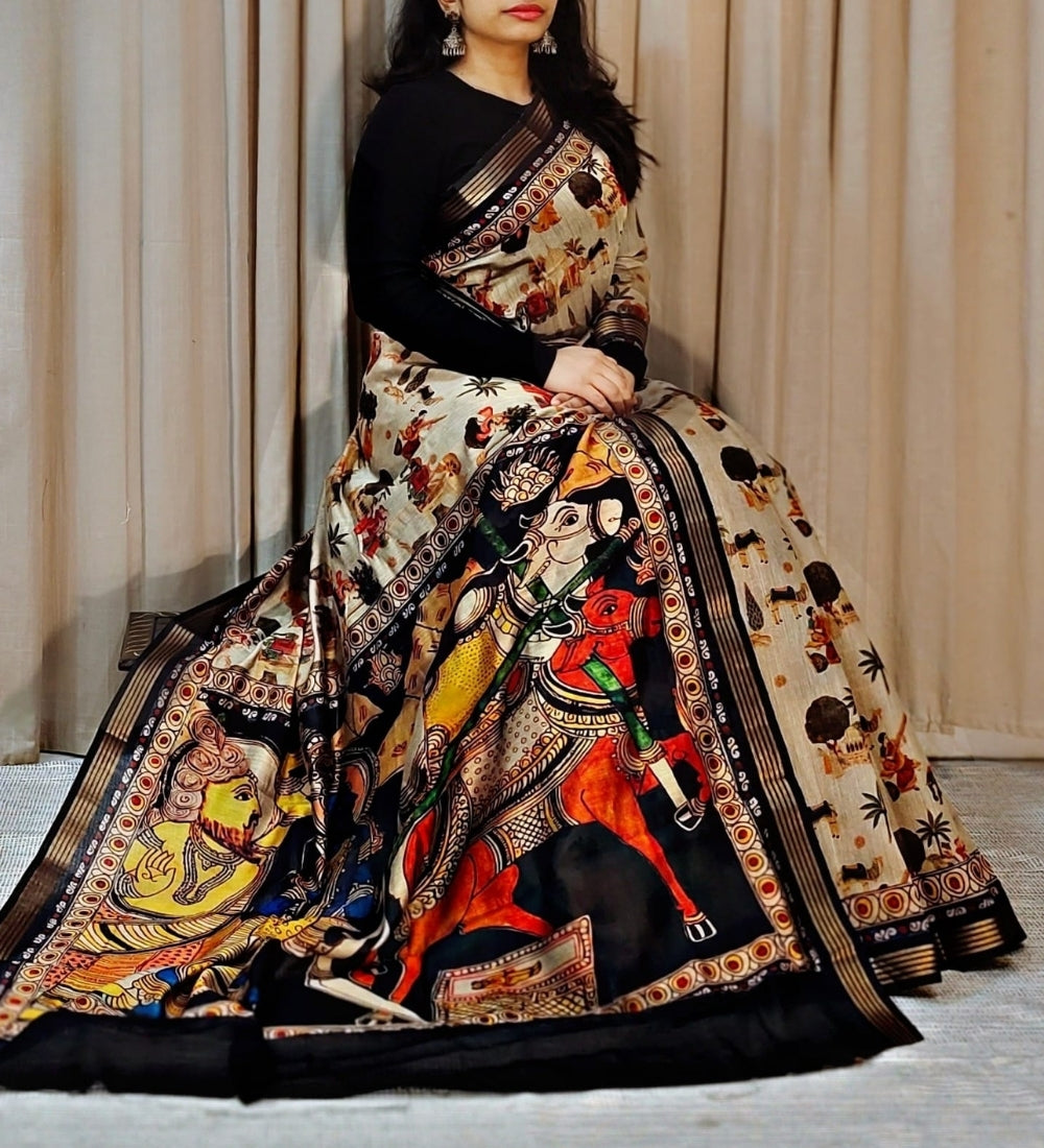 Women's Linen Kalamkari Printed Saree With Unstitched Blouse - 5.5 Mtr (Multicolor)