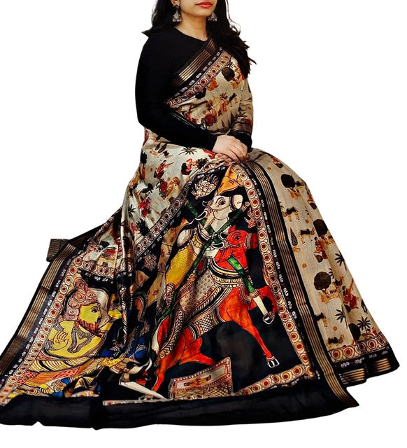 Women's Linen Kalamkari Printed Saree With Unstitched Blouse - 5.5 Mtr (Multicolor)