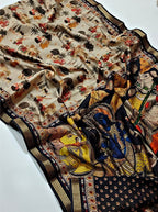 Women's Linen Kalamkari Printed Saree With Unstitched Blouse - 5.5 Mtr (Multicolor)