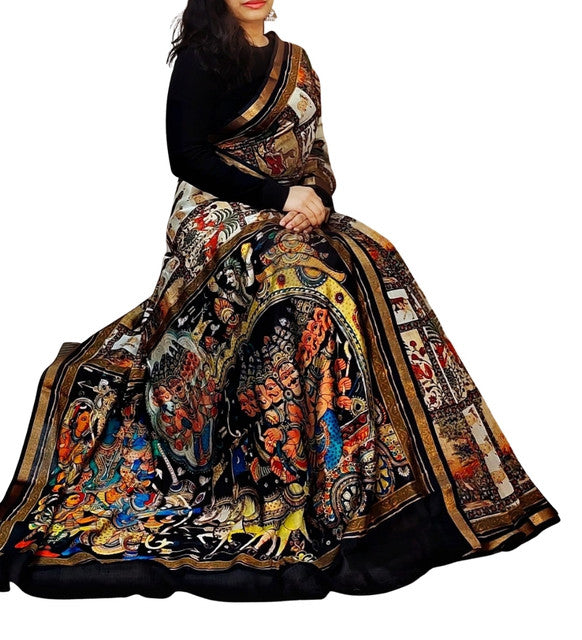 Women's Linen Kalamkari Printed Saree With Unstitched Blouse - 5.5 Mtr (Multicolor)