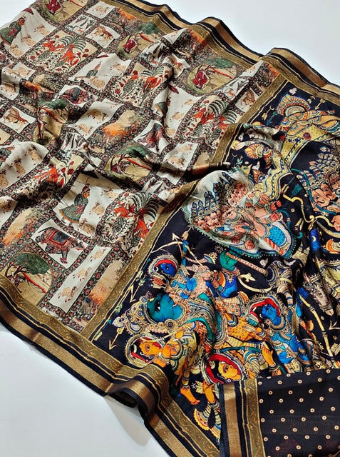 Women's Linen Kalamkari Printed Saree With Unstitched Blouse - 5.5 Mtr (Multicolor)