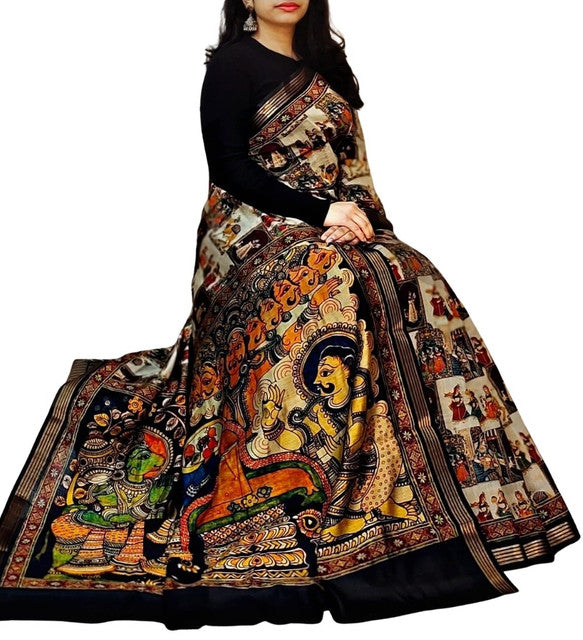 Women's Linen Kalamkari Printed Saree With Unstitched Blouse - 5.5 Mtr (Multicolor)