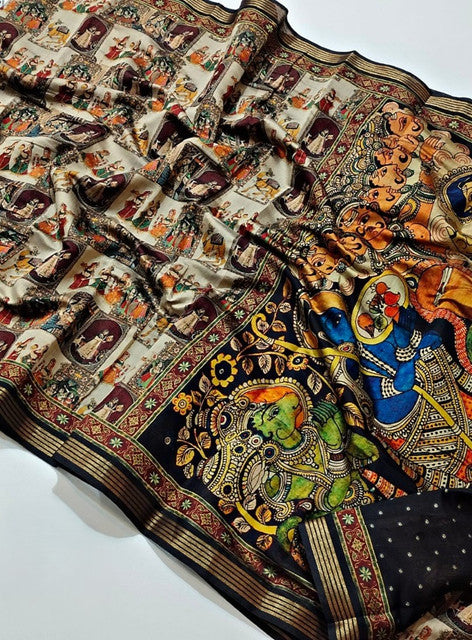 Women's Linen Kalamkari Printed Saree With Unstitched Blouse - 5.5 Mtr (Multicolor)
