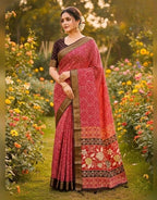 Women's Linen Floral Printed Saree With Unstitched Blouse - 5.5 Mtr (Red)