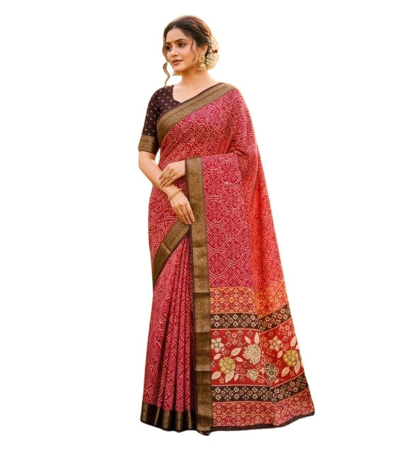 Women's Linen Floral Printed Saree With Unstitched Blouse - 5.5 Mtr (Red)