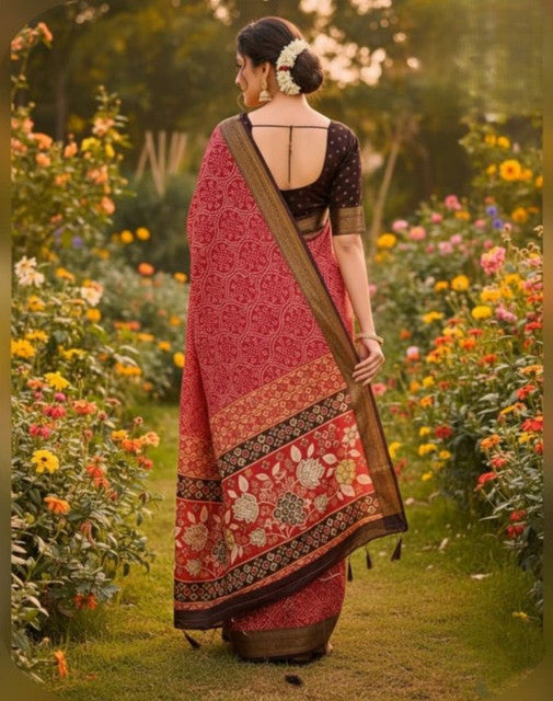 Women's Linen Floral Printed Saree With Unstitched Blouse - 5.5 Mtr (Red)
