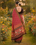 Women's Linen Floral Printed Saree With Unstitched Blouse - 5.5 Mtr (Red)