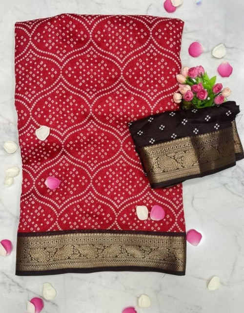 Women's Linen Floral Printed Saree With Unstitched Blouse - 5.5 Mtr (Red)