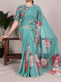 Women's Georgette Floral Printed Saree With Unstitched Blouse - 5.5 Mtr (Aqua Blue)