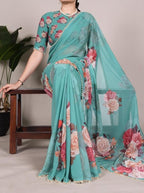 Women's Georgette Floral Printed Saree With Unstitched Blouse - 5.5 Mtr (Aqua Blue)