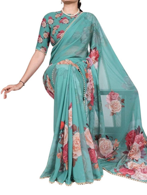 Women's Georgette Floral Printed Saree With Unstitched Blouse - 5.5 Mtr (Aqua Blue)