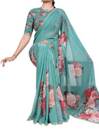 Women's Georgette Floral Printed Saree With Unstitched Blouse - 5.5 Mtr (Aqua Blue)