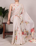 Women's Georgette Floral Printed Saree With Unstitched Blouse - 5.5 Mtr (Beige)