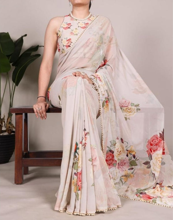 Women's Georgette Floral Printed Saree With Unstitched Blouse - 5.5 Mtr (Beige)