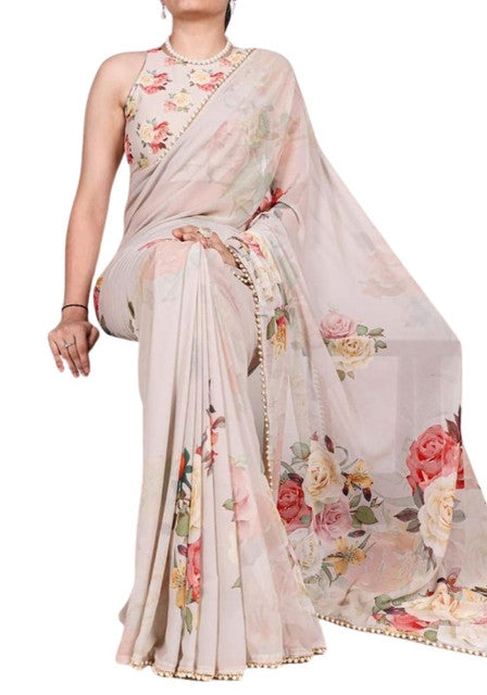 Women's Georgette Floral Printed Saree With Unstitched Blouse - 5.5 Mtr (Beige)