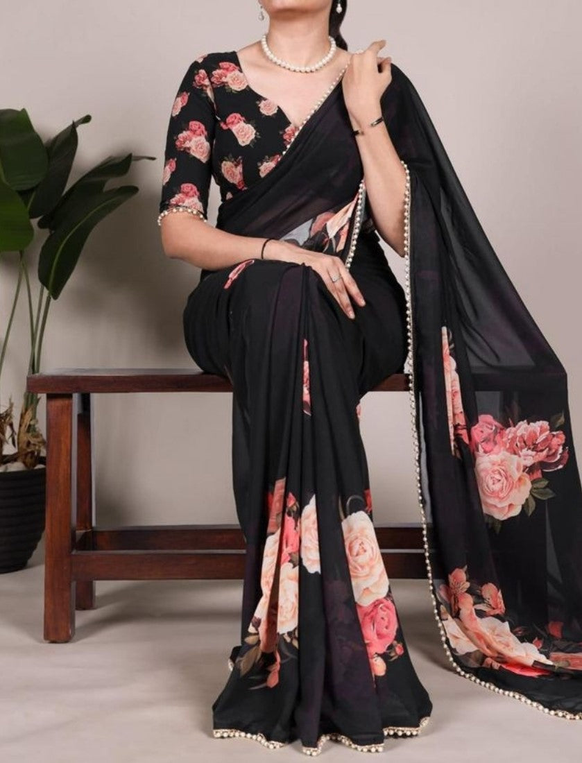 Women's Georgette Floral Printed Saree With Unstitched Blouse - 5.5 Mtr (Black)