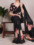 Women's Georgette Floral Printed Saree With Unstitched Blouse - 5.5 Mtr (Black)