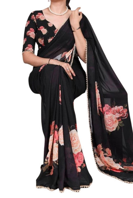 Women's Georgette Floral Printed Saree With Unstitched Blouse - 5.5 Mtr (Black)