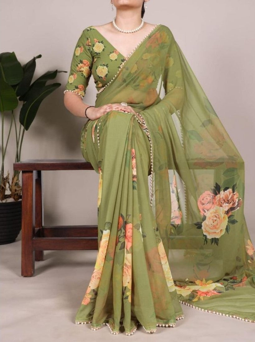 Women's Georgette Floral Printed Saree With Unstitched Blouse - 5.5 Mtr (Green)