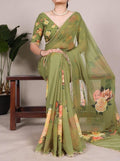 Women's Georgette Floral Printed Saree With Unstitched Blouse - 5.5 Mtr (Green)