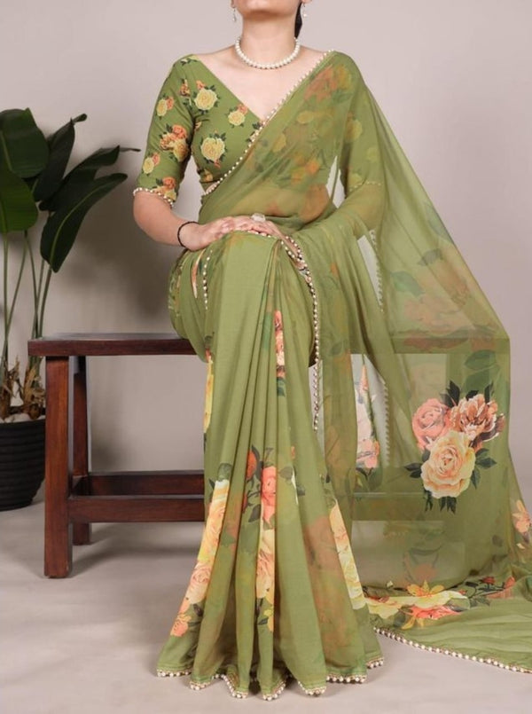 Women's Georgette Floral Printed Saree With Unstitched Blouse - 5.5 Mtr (Green)