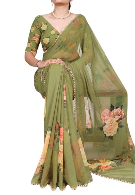 Women's Georgette Floral Printed Saree With Unstitched Blouse - 5.5 Mtr (Green)