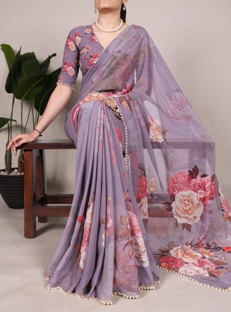 Women's Georgette Floral Printed Saree With Unstitched Blouse - 5.5 Mtr (Lavender)