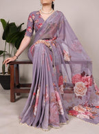 Women's Georgette Floral Printed Saree With Unstitched Blouse - 5.5 Mtr (Lavender)