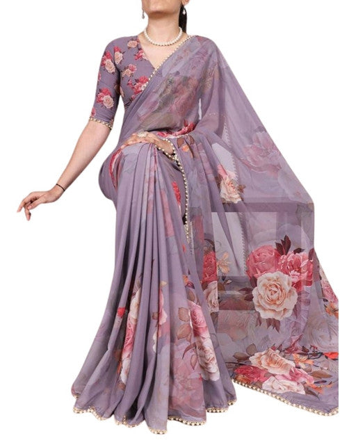 Women's Georgette Floral Printed Saree With Unstitched Blouse - 5.5 Mtr (Lavender)