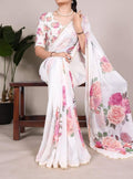 Women's Georgette Floral Printed Saree With Unstitched Blouse - 5.5 Mtr (White)
