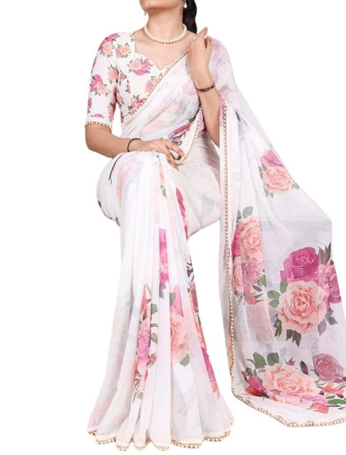 Women's Georgette Floral Printed Saree With Unstitched Blouse - 5.5 Mtr (White)