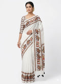Women's Linen Kalamkari Saree With Unstitched Blouse - 5.5 Mtr (White)