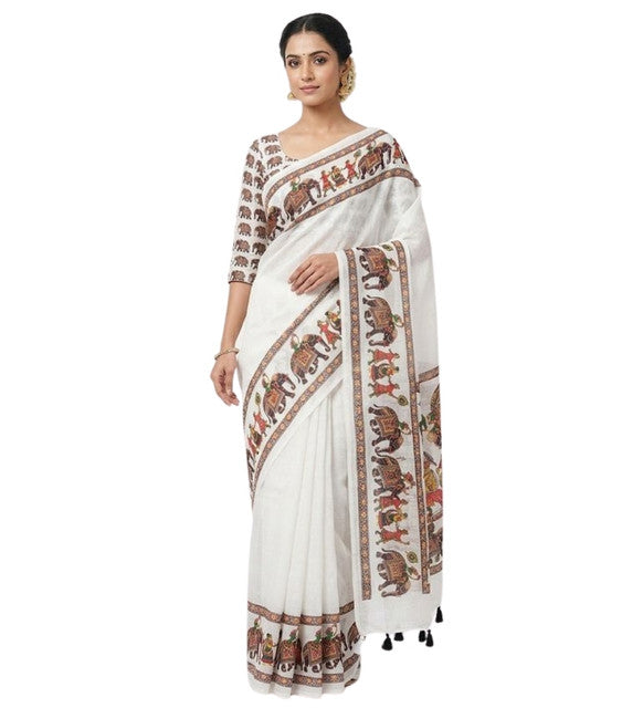 Women's Linen Kalamkari Saree With Unstitched Blouse - 5.5 Mtr (White)