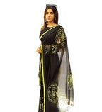 Women's Linen Floral Printed Saree With Unstitched Blouse - 5.5 Mtr (Black)
