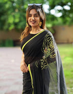 Women's Linen Floral Printed Saree With Unstitched Blouse - 5.5 Mtr (Black)