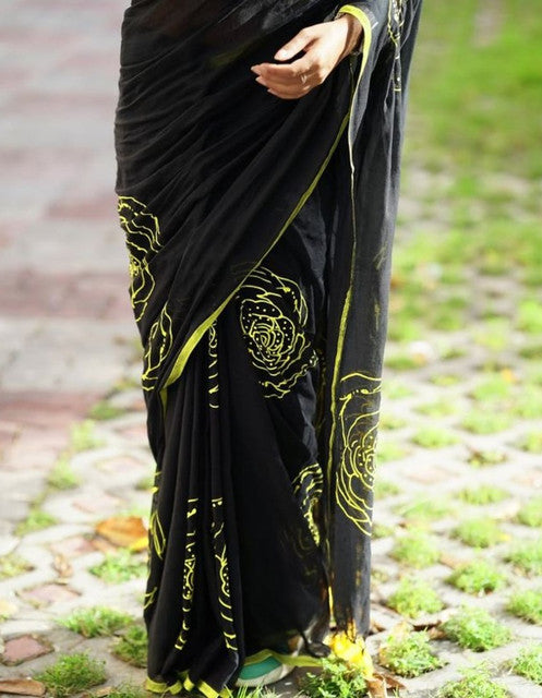 Women's Linen Floral Printed Saree With Unstitched Blouse - 5.5 Mtr (Black)