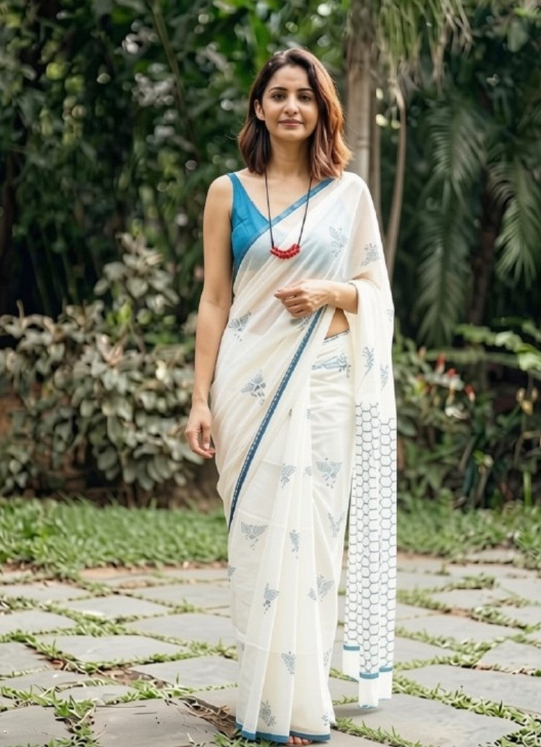 Women's Linen Printed Saree With Unstitched Blouse - 5.5 Mtr (White-Blue)