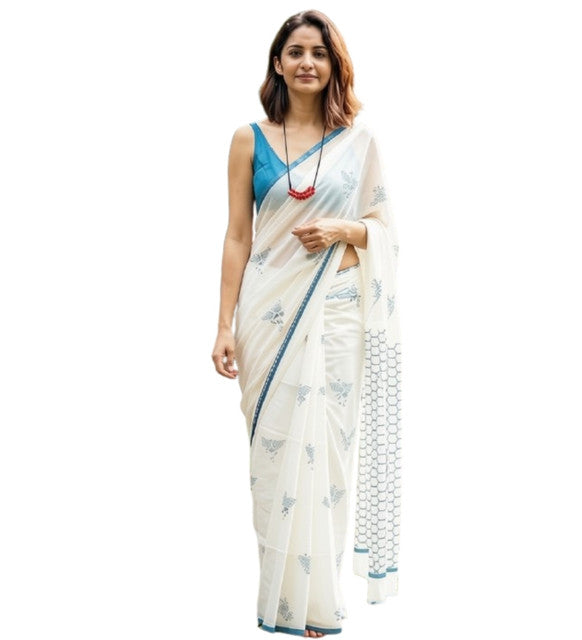 Women's Linen Printed Saree With Unstitched Blouse - 5.5 Mtr (White-Blue)