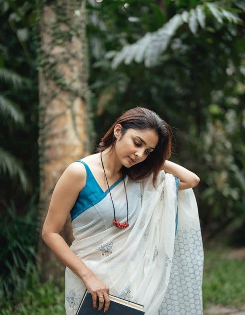 Women's Linen Printed Saree With Unstitched Blouse - 5.5 Mtr (White-Blue)