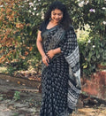 Women's Linen Printed Saree With Unstitched Blouse - 5.5 Mtr (Black)