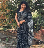 Women's Linen Printed Saree With Unstitched Blouse - 5.5 Mtr (Black)