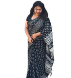 Women's Linen Printed Saree With Unstitched Blouse - 5.5 Mtr (Black)