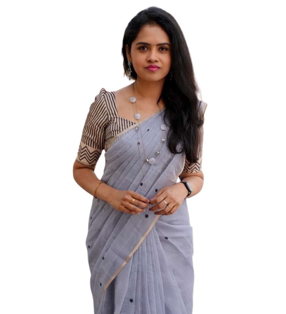 Women's Linen Striped Saree With Unstitched Blouse - 5.5 Mtr (Grey)