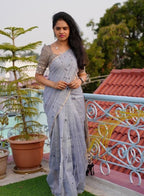 Women's Linen Striped Saree With Unstitched Blouse - 5.5 Mtr (Grey)