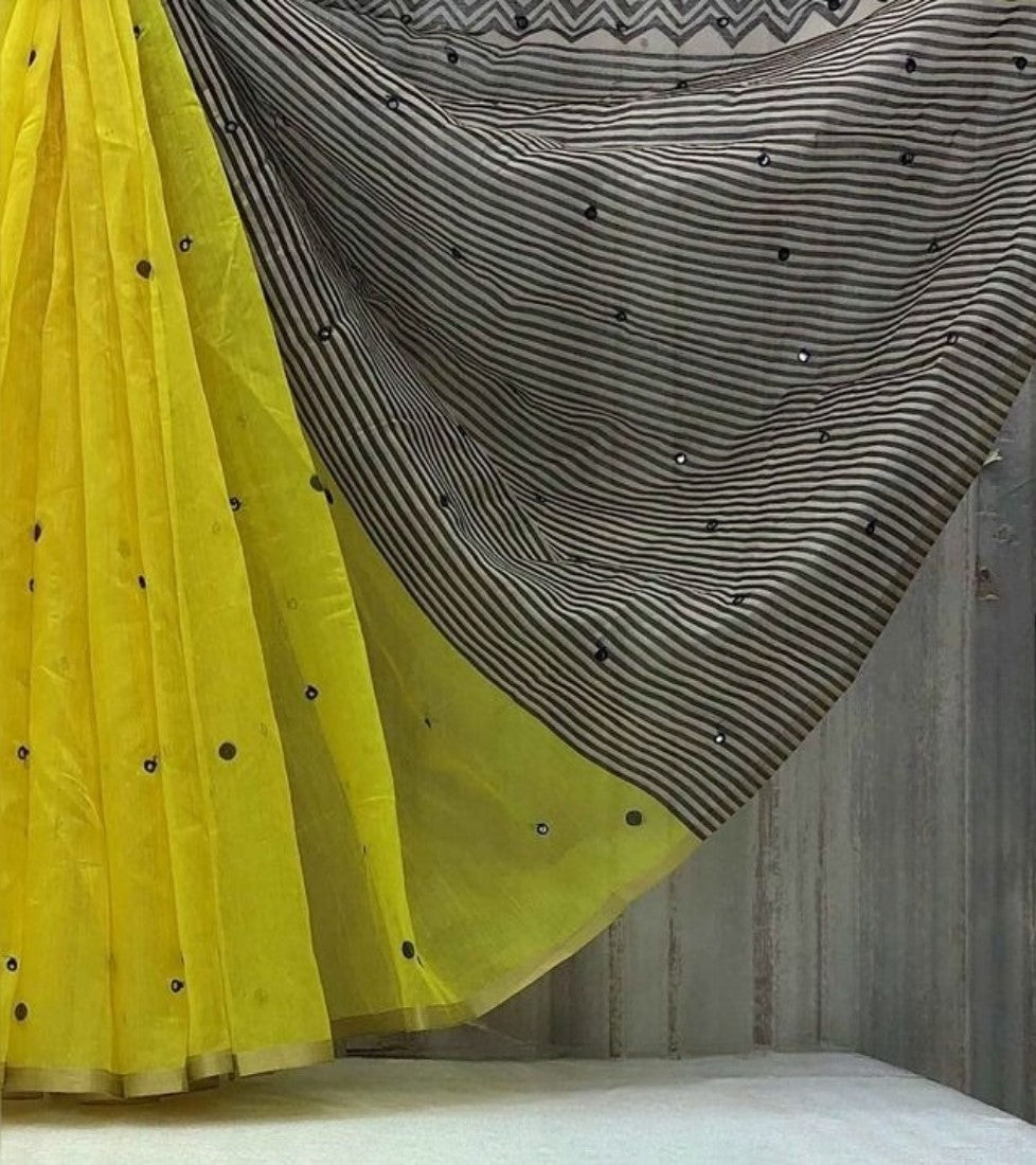 Women's Linen Striped Saree With Unstitched Blouse - 5.5 Mtr (Lemon Yellow)
