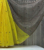 Women's Linen Striped Saree With Unstitched Blouse - 5.5 Mtr (Lemon Yellow)