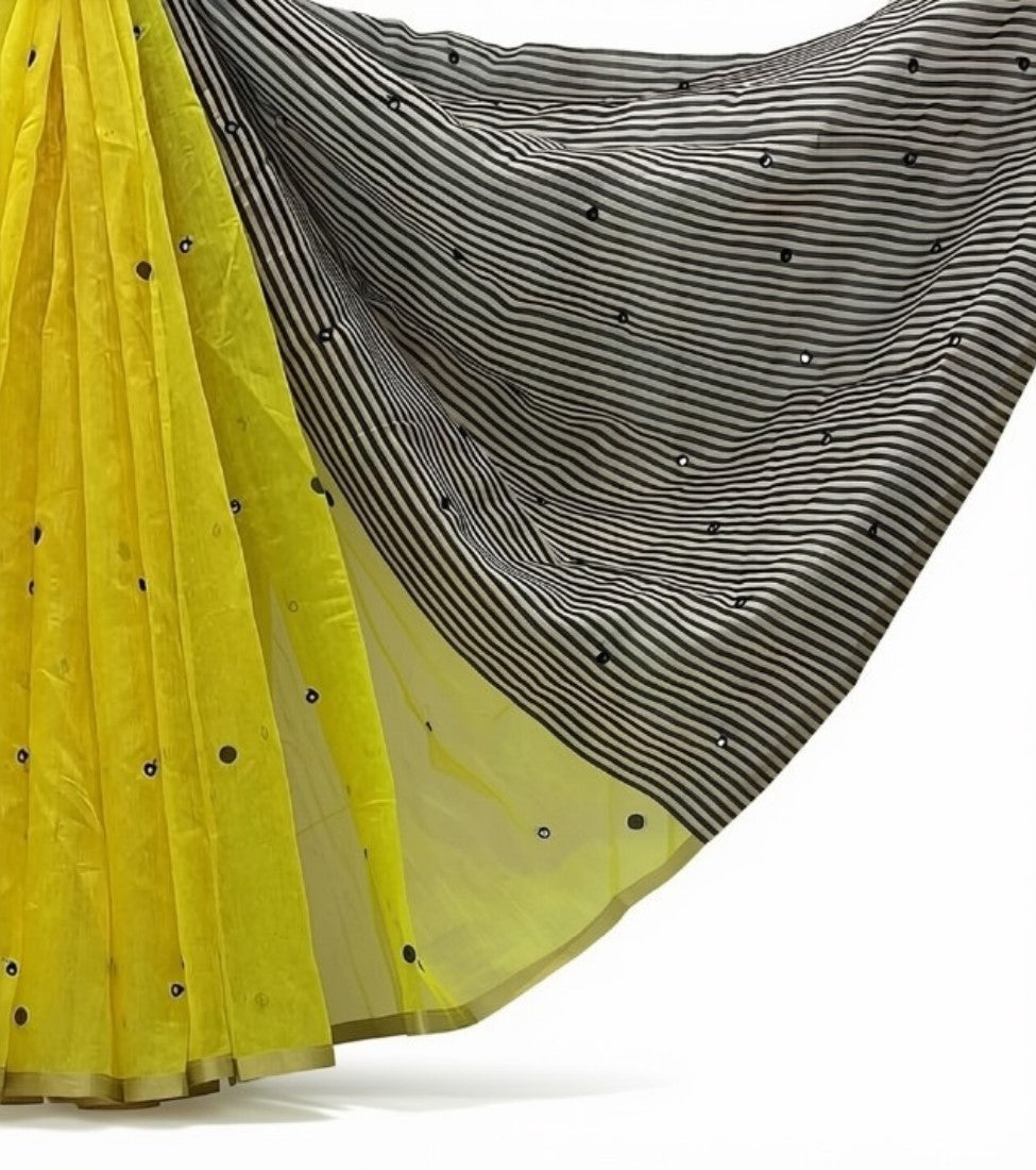 Women's Linen Striped Saree With Unstitched Blouse - 5.5 Mtr (Lemon Yellow)