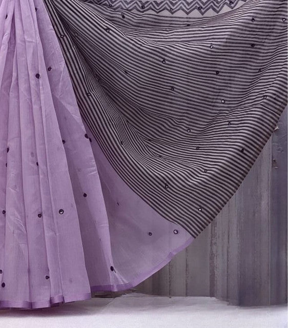 Women's Linen Striped Saree With Unstitched Blouse - 5.5 Mtr (Purple)