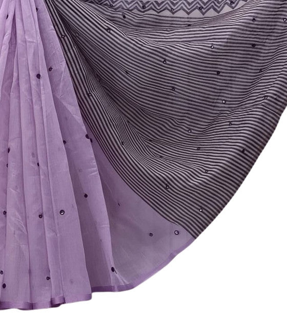 Women's Linen Striped Saree With Unstitched Blouse - 5.5 Mtr (Purple)